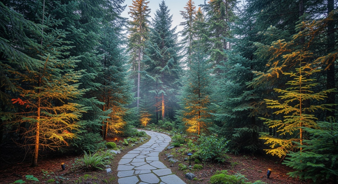 Дорожки и подсветка хвойного микса